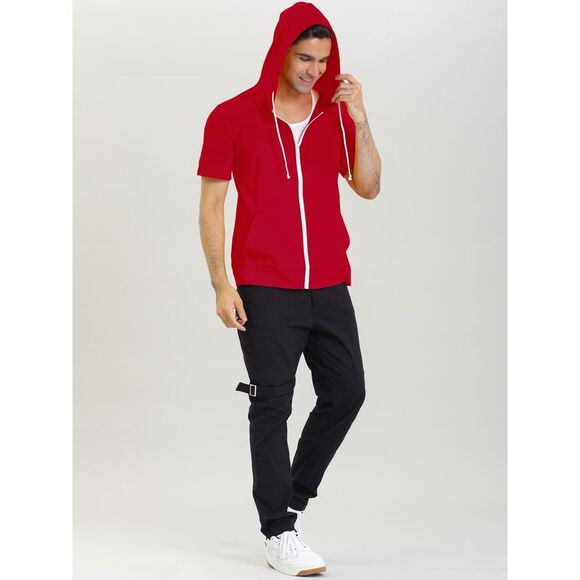 Men's Hoodies Solid Color Zip Up Short Sleeve Jackets with Hood Red - Picture 3 of 6